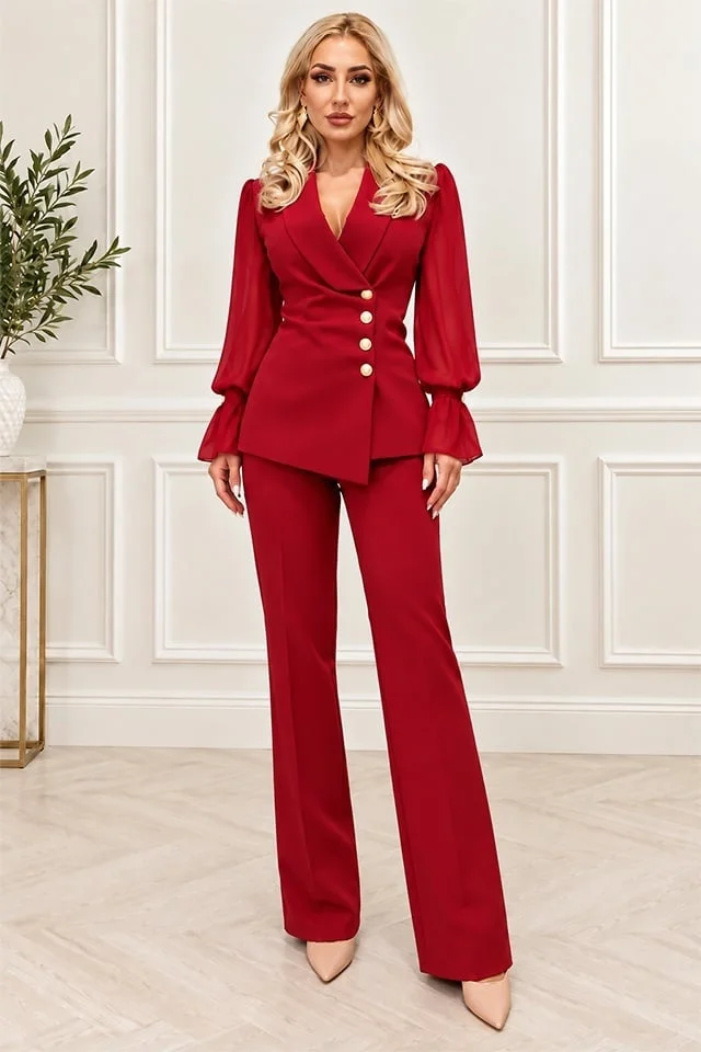 Costum elegant de dama SERAVIA, sacou cambrat cu maneci din voal si pantaloni usor conici, Rosu