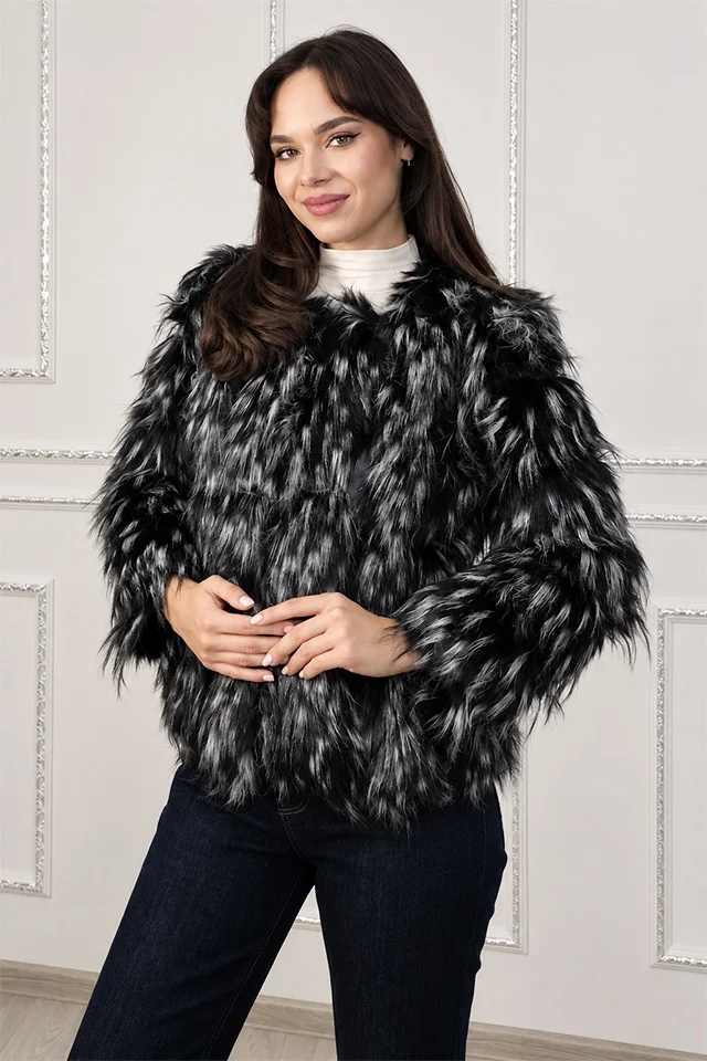 Jacheta dama SORELLA din blana sintetica, cu insertii de piele si inchidere cu fermoar, Negru/Gri