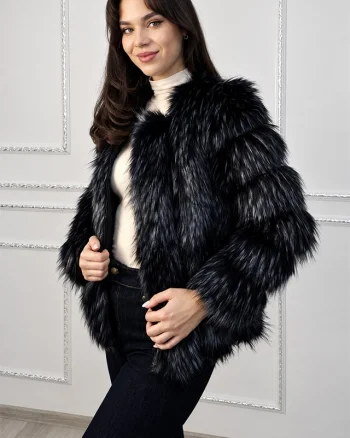 Jacheta dama SORELLA din blana sintetica, cu insertii de piele si inchidere cu fermoar, Bleumarin