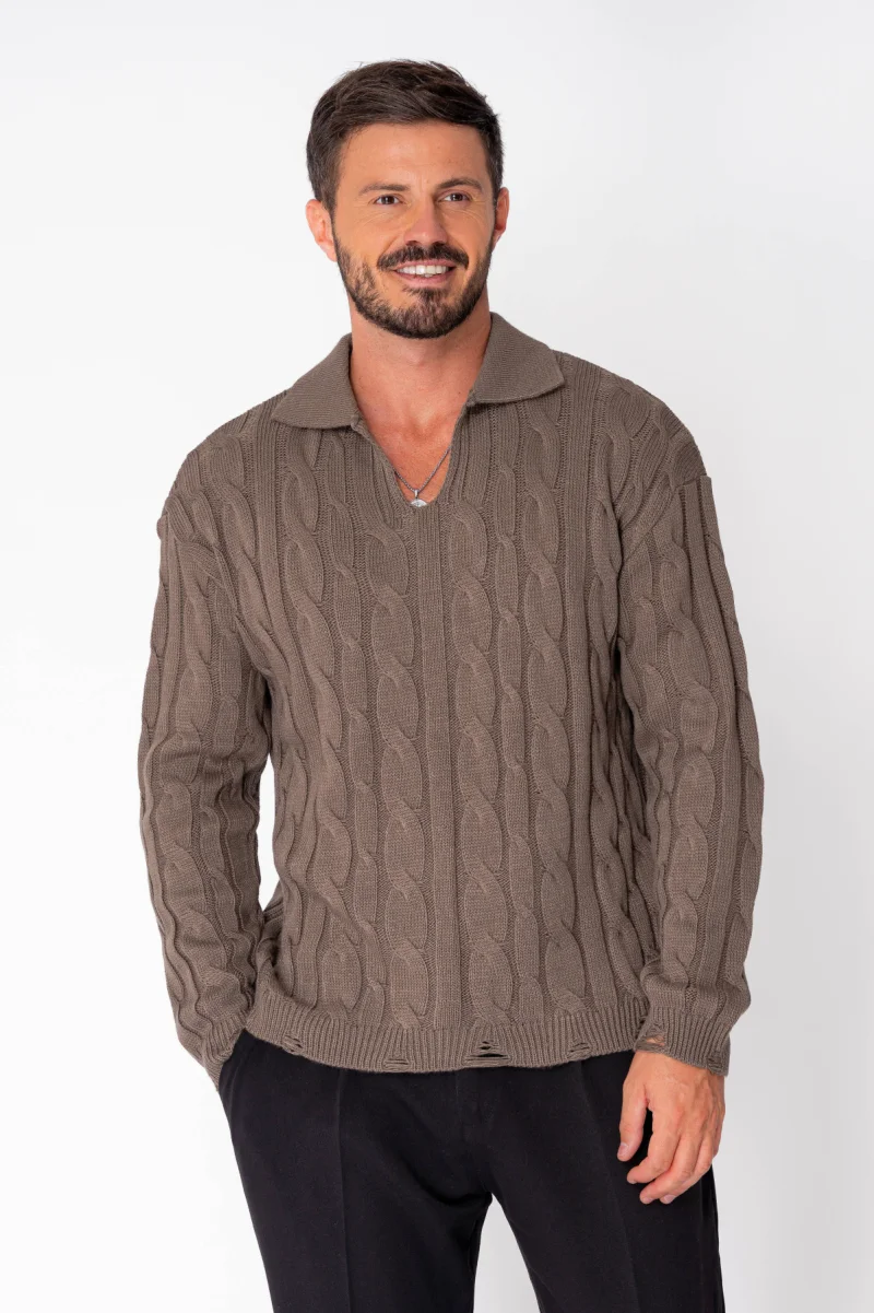 Pulover cu guler V cut Ripped Brown