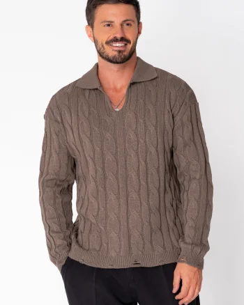 Pulover cu guler V cut Ripped Brown