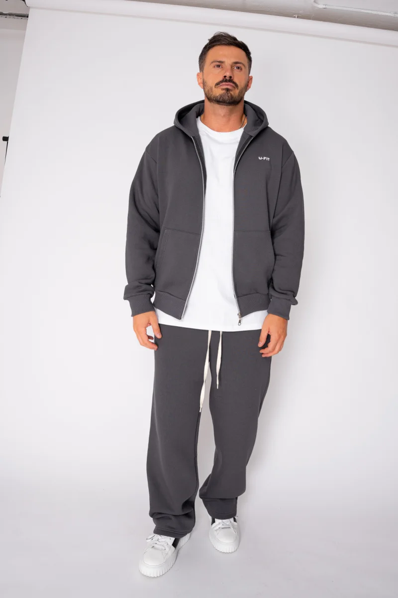 Set Winter CozyWide hanorac cu fermoar si pantalon drept Grey Anthracite