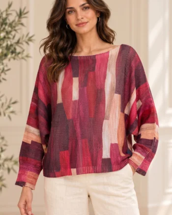 Bluza cu maneca fluture si imprimeu pictural  pensulat, magenta