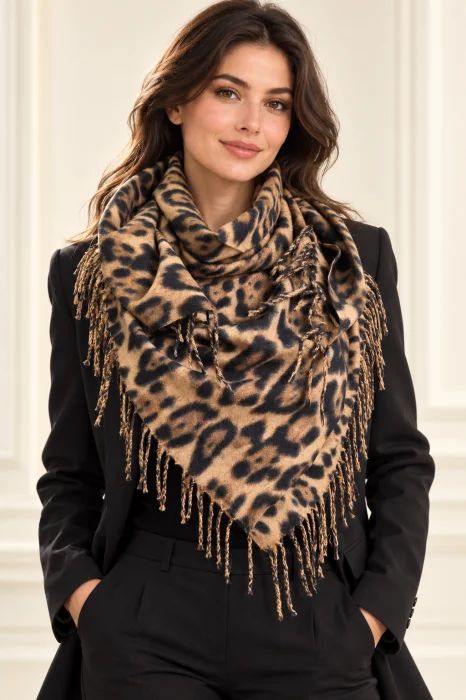Esarfa patrata mare, imprimeu animal print cu maron, negru si camel