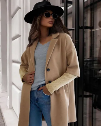 Pardesiu de dama Under Cover, maneca lunga cu tricot si revere scurte, Bej, Marime S/M