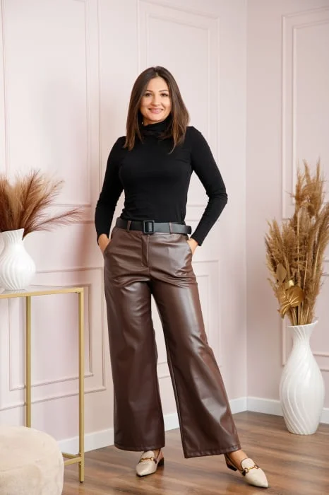 Pantaloni dama maro din piele ecologica cu croi larg Renee