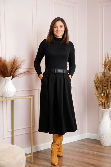 Fusta midi dama neagra cu pliuri si curea Sharon