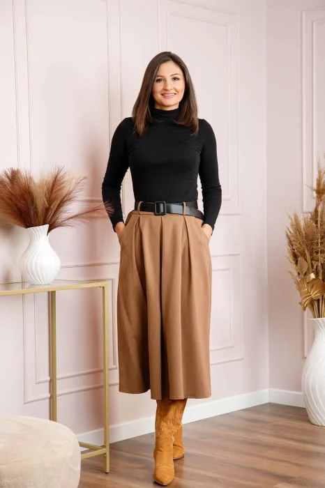 Fusta midi dama camel cu pliuri si curea Sharon