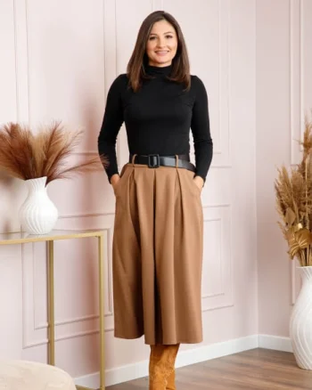 Fusta midi dama camel cu pliuri si curea Sharon