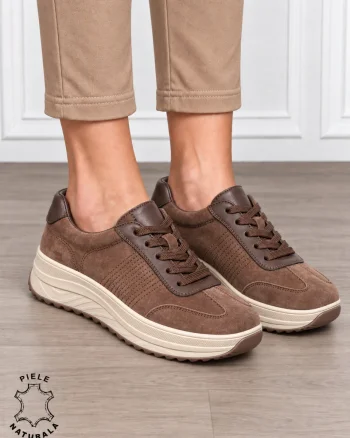 Pantofi sport damă din piele naturală întoarsă cu design casual CRL1894 CAFENIU
