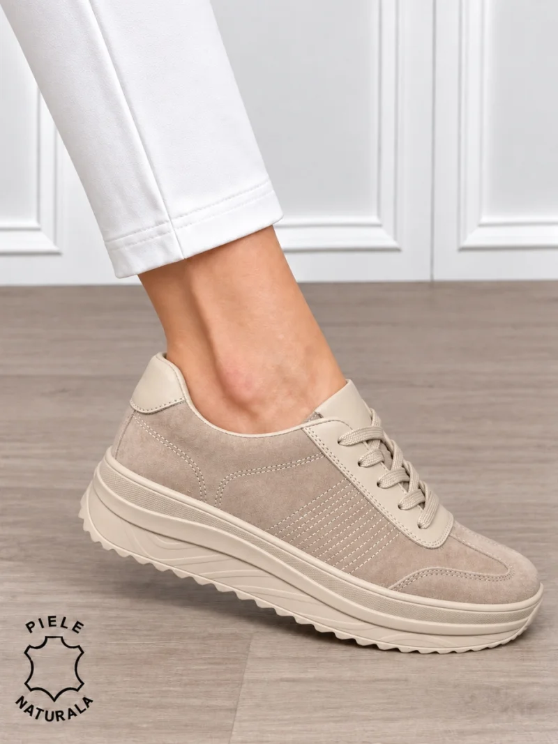 Pantofi sport damă din piele naturală întoarsă cu design casual CRL1894 BEJ