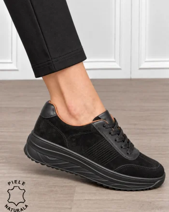 Pantofi sport damă din piele naturală întoarsă cu design casual CRL1894 NEGRU