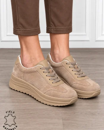 Pantofi sport damă din piele naturală întoarsă cu design casual CRL1894 KHAKI