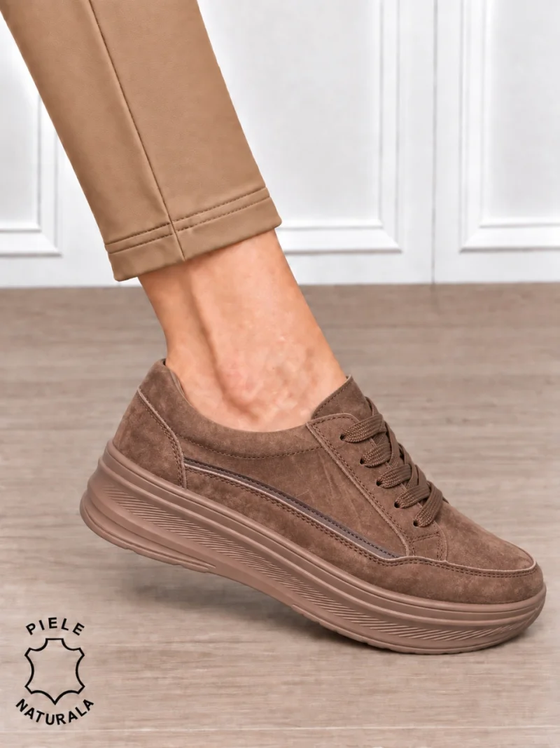 Pantofi sport damă din piele naturală intoarsa stil clasic și versatil CRL1867 CAFENIU