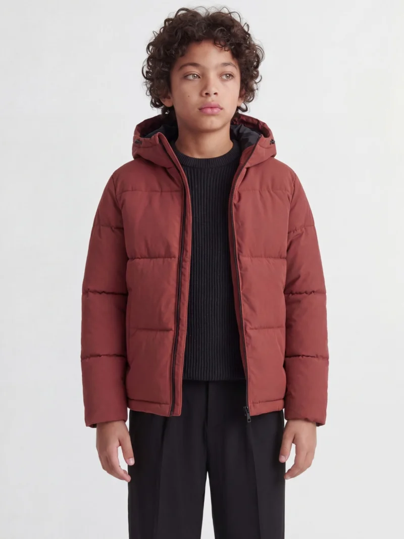 Jack & Jones Geaca baieti, PUFFER, cu gluga, Regular fit, JJGALAXY, Caramiziu (SELECTATI MARIMEA: 128 cm)