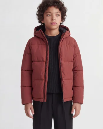 Jack & Jones Geaca baieti, PUFFER, cu gluga, Regular fit, JJGALAXY, Caramiziu (SELECTATI MARIMEA: 128 cm)