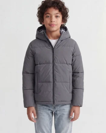 Jack & Jones Geaca baieti, PUFFER, cu gluga, Regular fit, JJGALAXY, Gri inchis (SELECTATI MARIMEA: 128 cm)