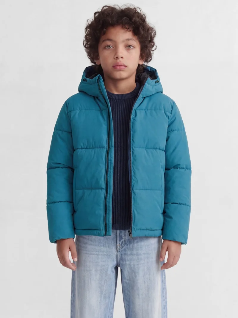 Jack & Jones Geaca baieti, PUFFER, cu gluga, Regular fit, JJGALAXY, Turcoaz inchis (SELECTATI MARIMEA: 140 cm)