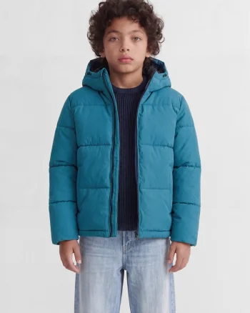 Jack & Jones Geaca baieti, PUFFER, cu gluga, Regular fit, JJGALAXY, Turcoaz inchis (SELECTATI MARIMEA: 140 cm)