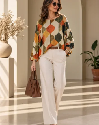 Bluza cu maneca fluture si imprimeu geometric abstract, galben verde