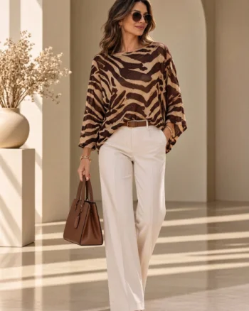 Bluza cu maneca fluture si imprimeu animal print zebra, maro