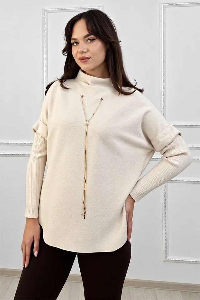 Pulover dama ELVANA, cu guler inalt, maneci reiate si accesoriu auriu detasabil, Crem, Marime unica S/M