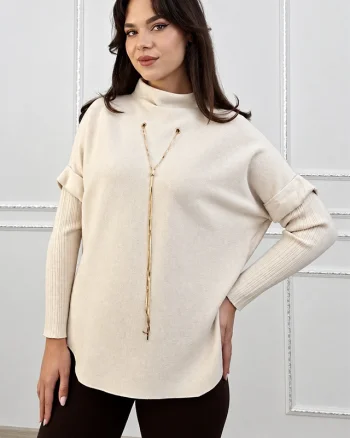 Pulover dama ELVANA, cu guler inalt, maneci reiate si accesoriu auriu detasabil, Crem, Marime unica S/M