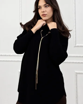 Pulover dama ELVANA, cu guler inalt, maneci reiate si accesoriu auriu detasabil, Negru, Marime unica S/M