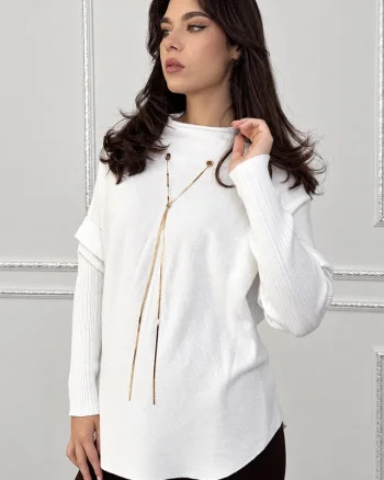 Pulover dama ELVANA, cu guler inalt, maneci reiate si accesoriu auriu detasabil, Alb, Marime unica S/M