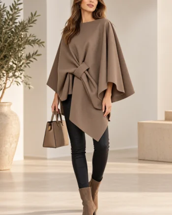 Jacheta trendy stil poncho, din stofa cu vascoza bej fango