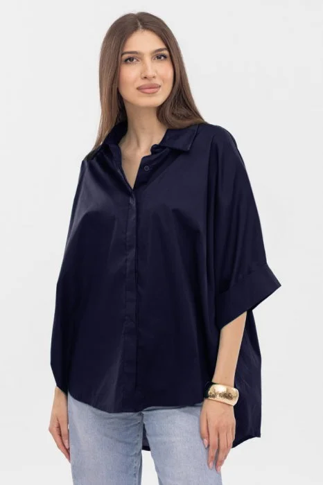 Camasa oversize bleumarin din poplin satinat  de bumbac, cu maneca lunga