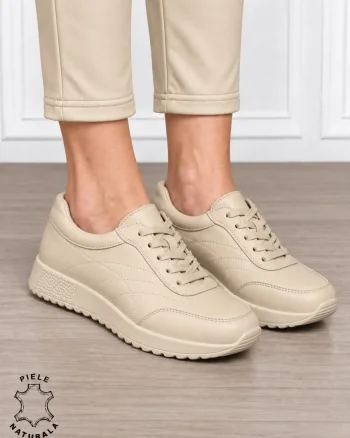 Pantofi sport damă din piele naturală cu cataramă decorativă în partea frontală CRL1895 BEJ INCHIS