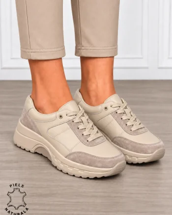 Pantofi sport damă din piele naturală și piele întoarsă cu design modern CRL1896 BEJ