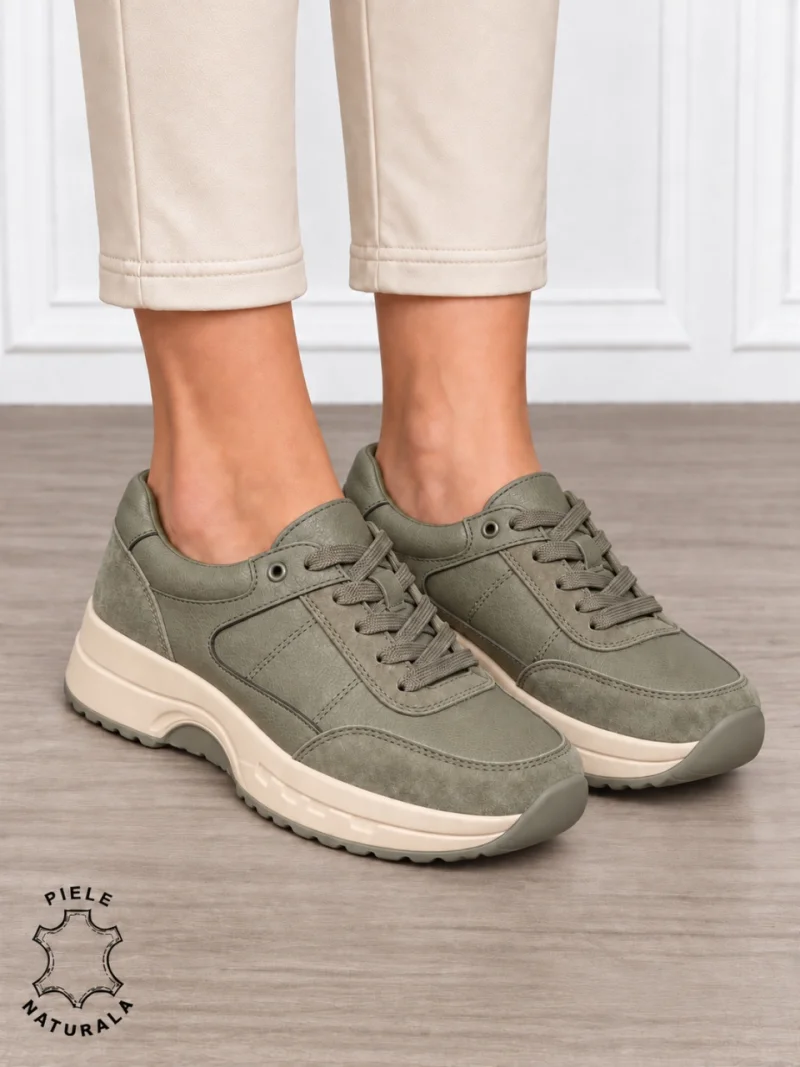 Pantofi sport damă din piele naturală și piele întoarsă cu design modern CRL1896 OLIVE