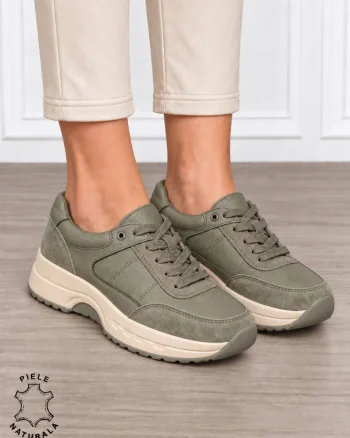 Pantofi sport damă din piele naturală și piele întoarsă cu design modern CRL1896 OLIVE