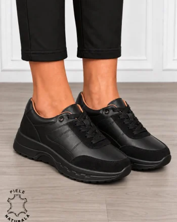 Pantofi sport damă din piele naturală și piele întoarsă cu design modern CRL1896 NEGRU