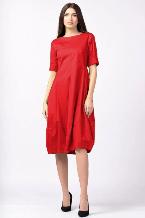 Rochie rosie, lalea, cambrata, cu fermoar, din poplin de bumbac