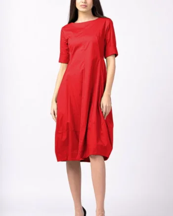 Rochie rosie, lalea, cambrata, cu fermoar, din poplin de bumbac