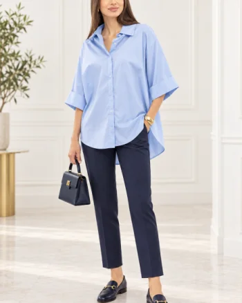 Camasa oversize bleu din poplin satinat de bumbac, cu maneca lunga