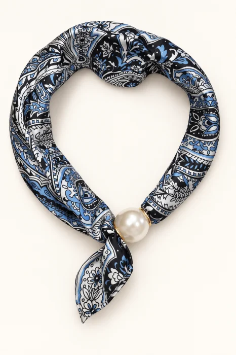 Esarfa colier satinata cu perla decorativa si inchidere magnetica, imprimeu paisley cu bleumarin, bleu si alb