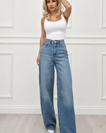 Jeansi dama DENIA wide leg, cu talie inalta si detalii rupte la spate, 100% bumbac, Albastru