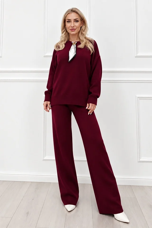 Compleu dama MELIA tricotat, cu esarfa detasabila si pantaloni largi, Burgundy, Marime universala S/M/L