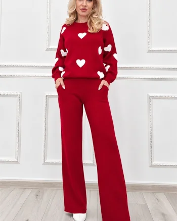Compleu dama tricotat NERELIA, cu lana, bluza cu inimi si pantaloni drepti, Rosu, Marime unica S/M/L
