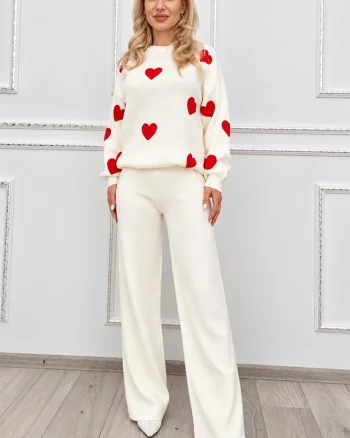Compleu dama tricotat NERELIA, cu lana, bluza cu inimi si pantaloni drepti, Alb, Marime unica S/M/L