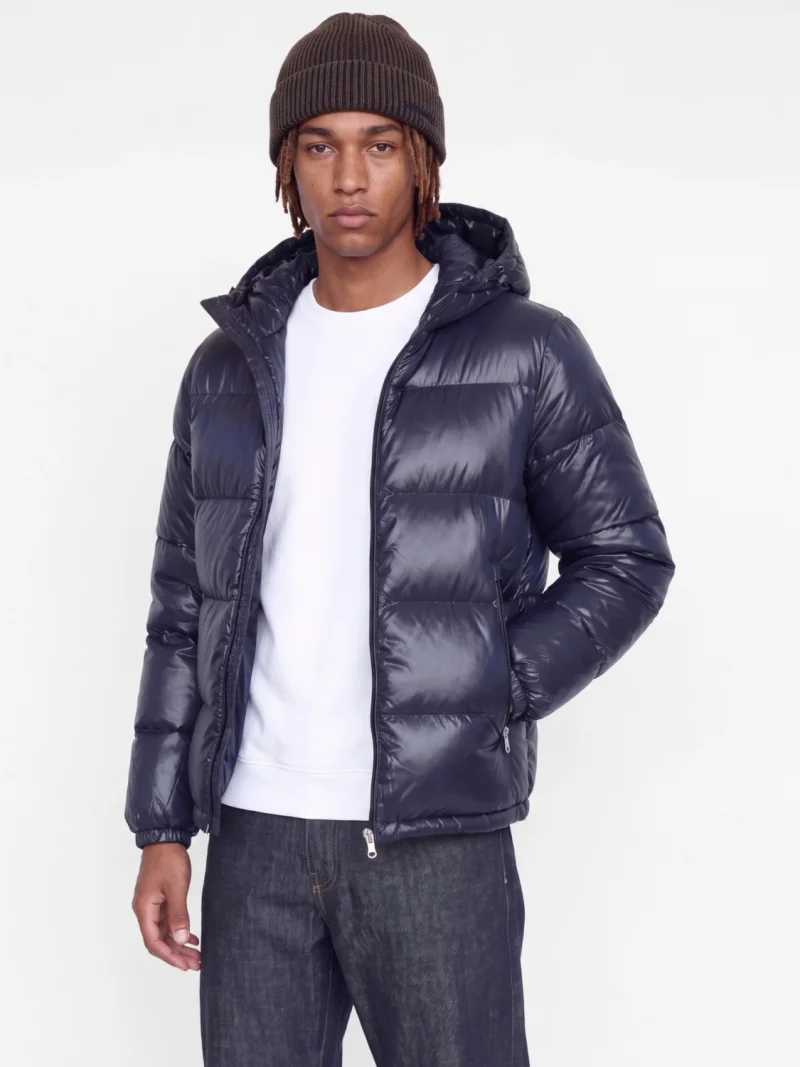 Jack & Jones Geaca barbati, PUFFER, cu gluga fixa reglabila cu snur, Regular fit, SHINY, Bleumarin inchis (SELECTATI MARIMEA: S)