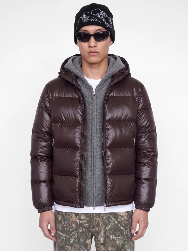 Jack & Jones Geaca barbati, PUFFER, cu gluga fixa reglabila cu snur, Regular fit, SHINY, Maro inchis (SELECTATI MARIMEA: S)