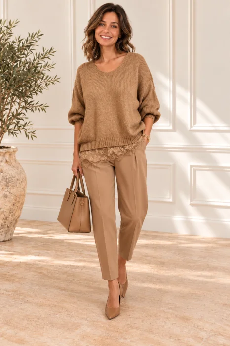 Pulover pufos camel, oversize cu dantela pe margini si decolteu in V
