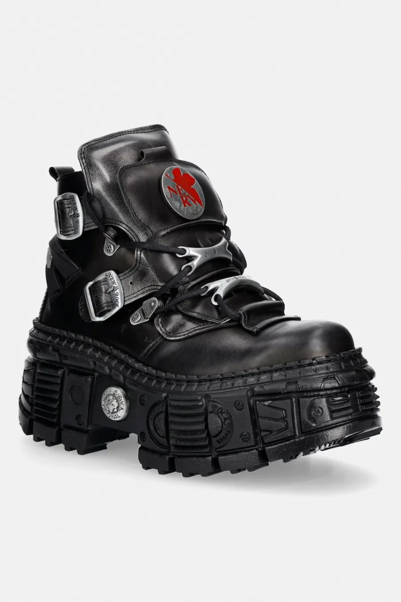 New Rock  bocanci cu platformă pentru femei din piele CRUST NEGRO + ANTIK ACERO + IMPERFECT TANK NEGRO TORNILLOS