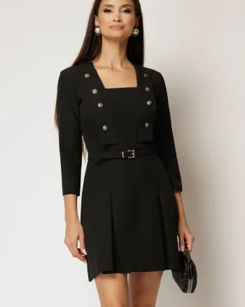 Rochie DY Fashion scurta neagra cu decolteu patrat si nasturi
