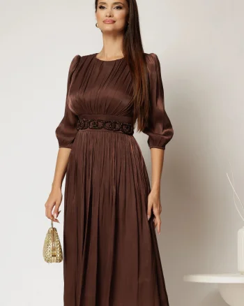 Rochie midi maro de ocazie din voal peliculizat cu cordon detasabil